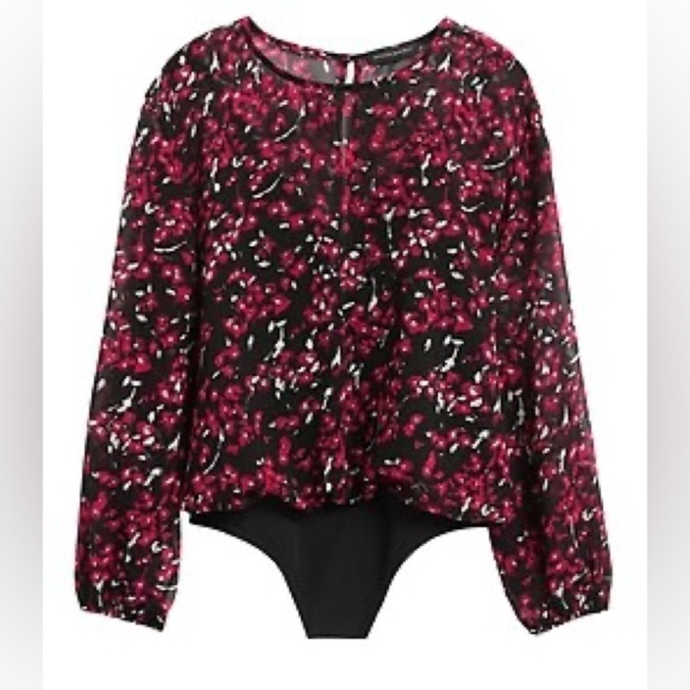 Banana Republic NWT Black Red Floral Balloon Sheer Sleeve Thong Bodysuit